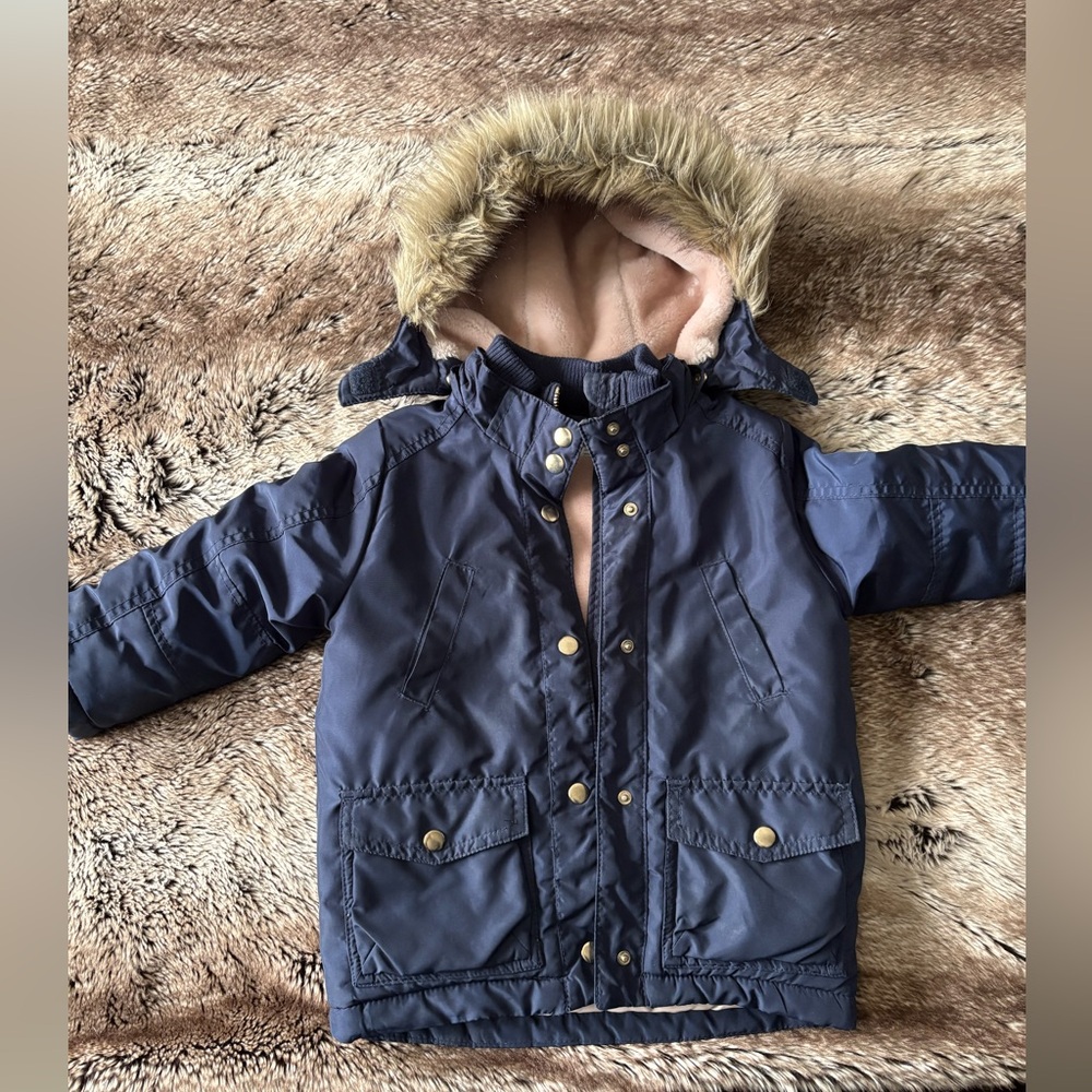 H&M Navy Jacket with Blush Pink Lining & Faux Fur Hood - Girls 2/3